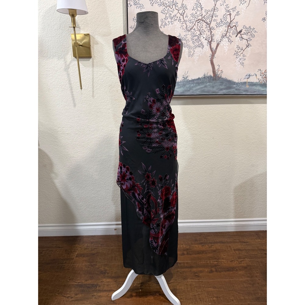 Meghan Matthews Vintage Black Velvet Devore Floral Maxi Dress Burgundy Purple 10